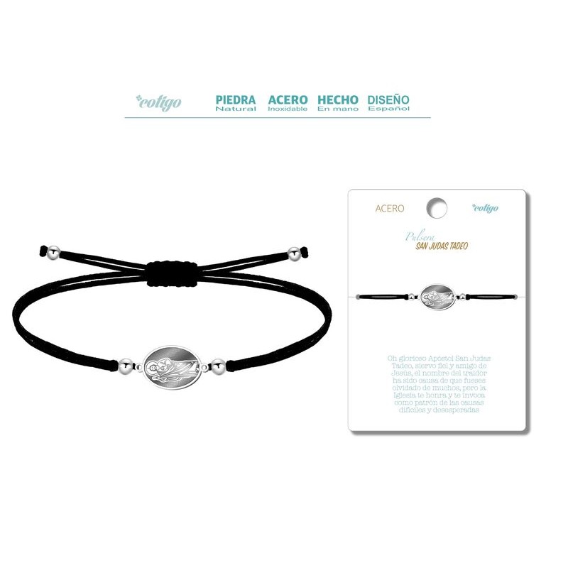 Pulsera Hilo Negro San Judas Tadeo Color Plateado - Coleccion Medalla de Santos